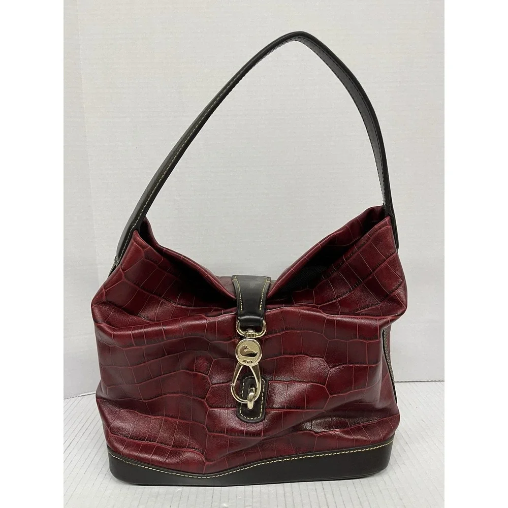 Dooney & Bourke Croco-Embossed Leather Hobo Shoulder Bag Burgundy &‎ Black